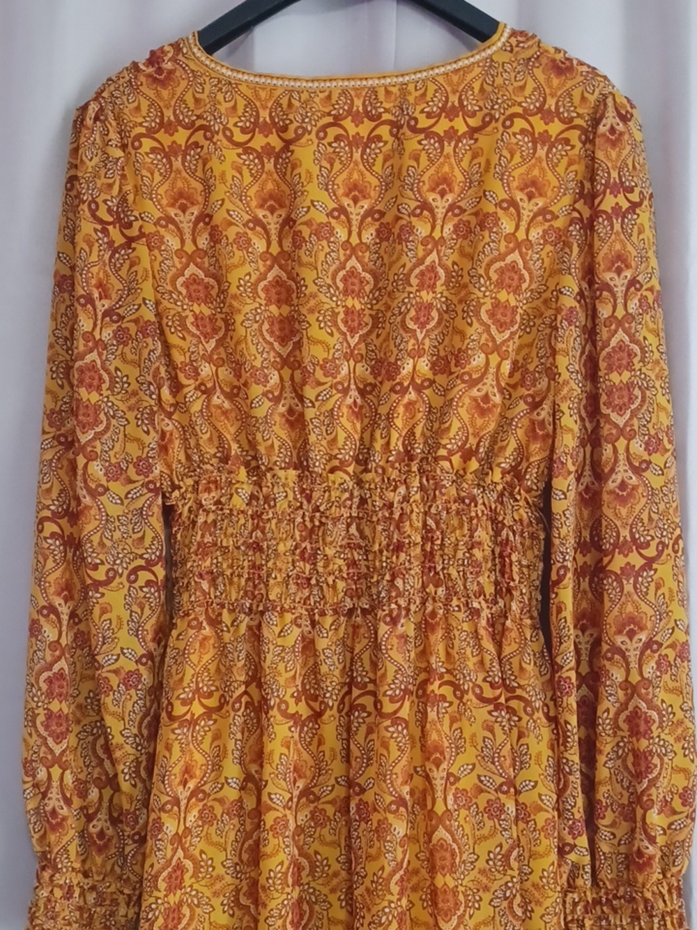 Max Studio Smocked Waist Mini Dress Balloon Sleeves V-Neck Mustard Boho Size L - Picture 11 of 15
